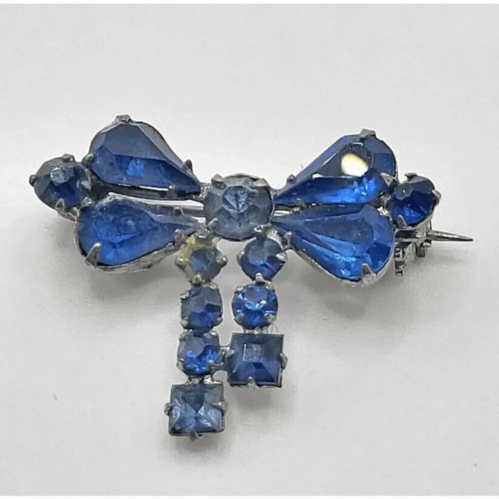 Signed Karu Vintage Blue Crystal Bow Brooch Pin 1in Something Blue